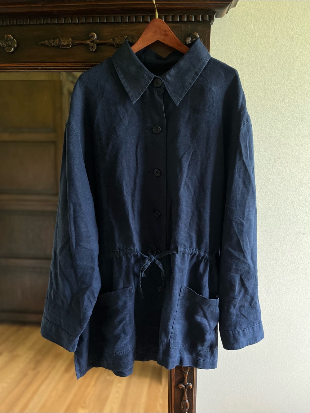 Vintage Linen Drawstring Waist Button-Up